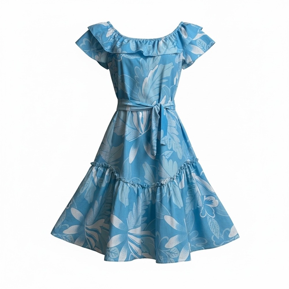 Island Fashions Vintage Hawaiian Muumuu Dress Blue Floral Ruffle XS Hawaii